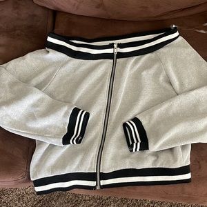 Willow & Root off shoulder varsity sweater.